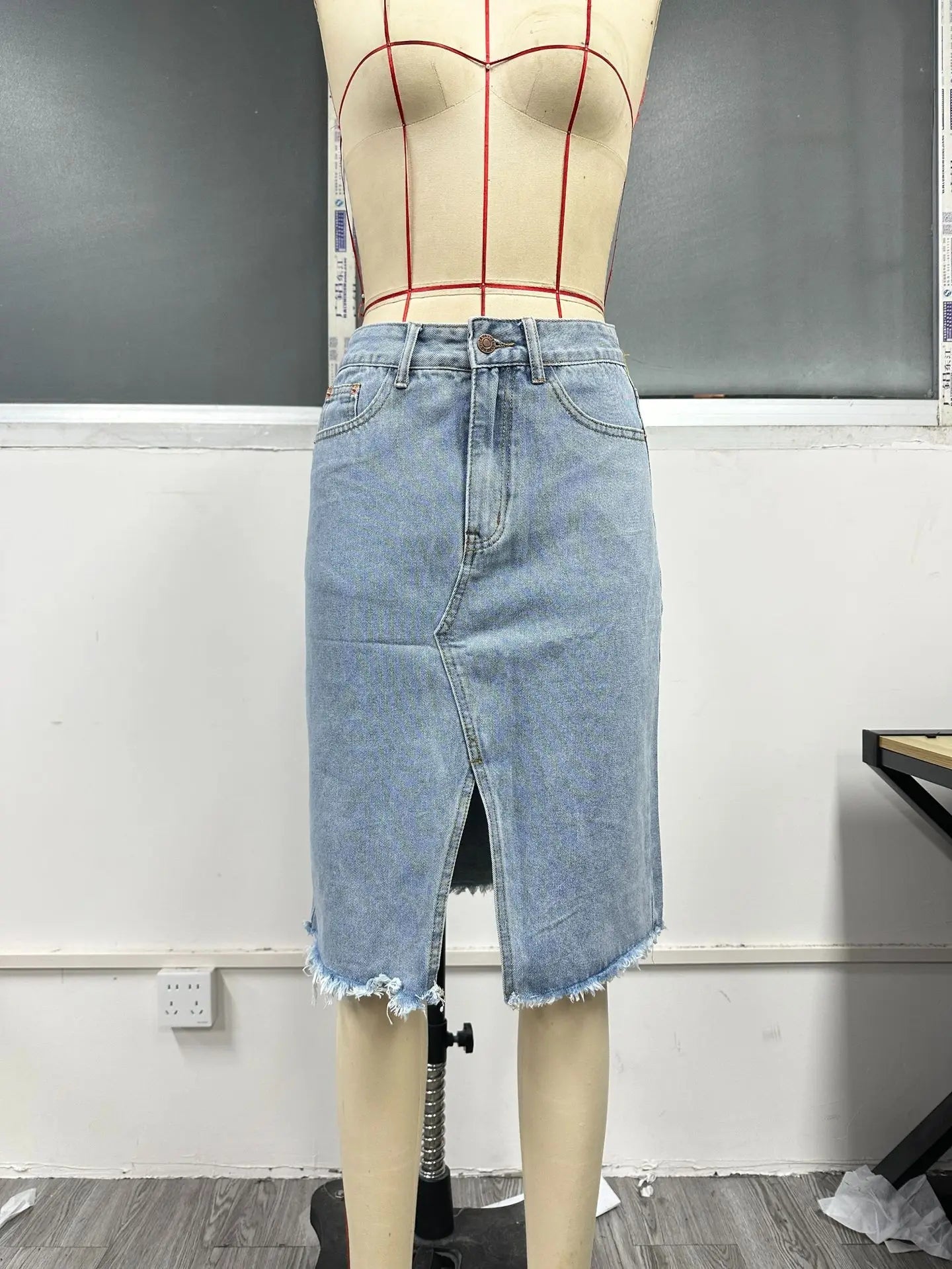Women Slit Denim Half Skirt Hand Frayed Tassel Raw Edge Skirt Vintage Retro Korean Jean Long Office Lady Slim Fit High Waisted GONZALES ONLINE SHOP