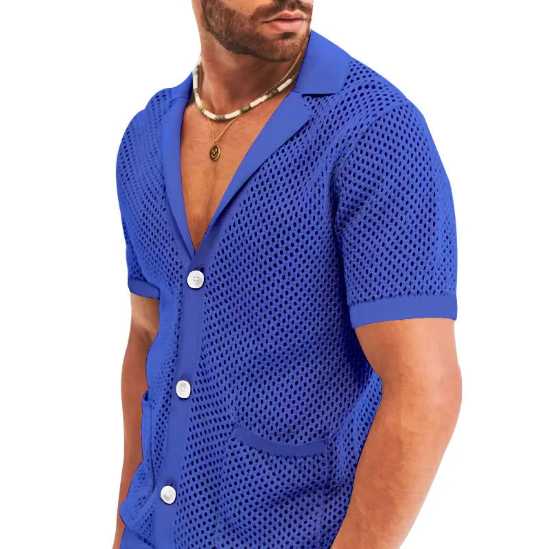 Summer New Men Shorts Mesh Hollow Out Knitted Casual Sports Lapel T-Shirt Short Sleeve Solid Beach Suit Men's 2 Pieces Set Suits GONZALES ONLINE SHOP