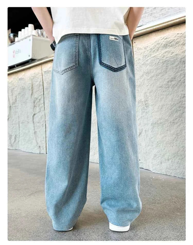 High Quality Kids Straight Fit Drawstring Jeans for Boy Girl Brief High Waist Denim Pants Unisex Child Casual Jeans Trousers