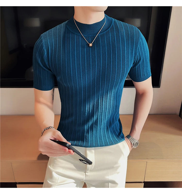 Men's High-End Casual Short Sleeve knitting Sweater/Male High collar Slim Fit Stripe Set head Knit Shirts Plus size S-4XL GONZALES ONLINE SHOP