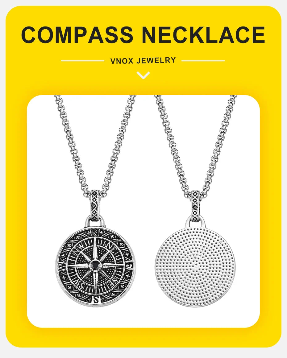 Vnox Vintage Compass Pendant Necklaces for Men Boys, Stainless Steel Coin Necklace, Rock Hiphop Collar Graduation Guid Gift GONZALES ONLINE SHOP