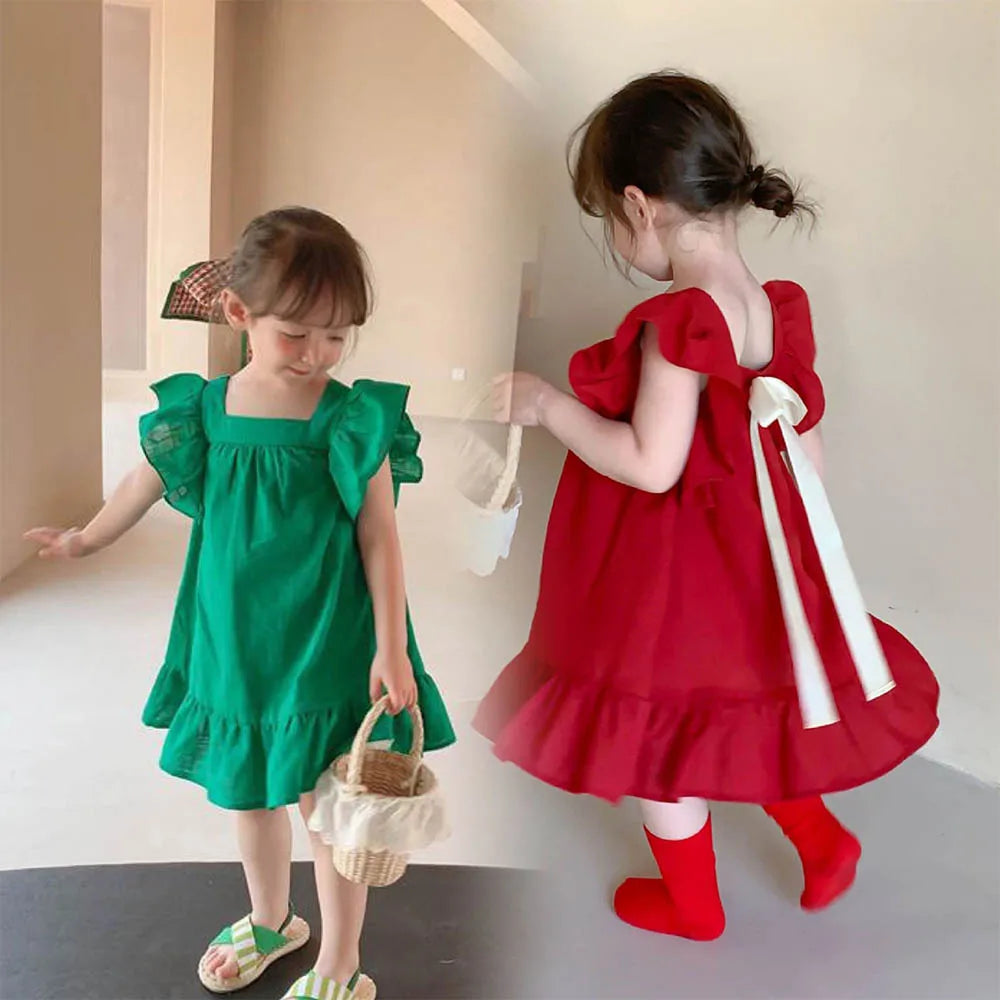 Bear Leader Summer Girls Dresses Flying Sleeve Dress Casual Ruffled Dresses Solid Back Bowknot A Line Baby Dresses Kids Clothes GONZALES ONLINE SHOP