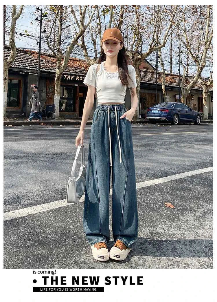 High Waist Slimming Drawstring Tie Elastic Waist Floor-Length Curved Sickle Pants 2026 Spring New Women's Trendy Wide Leg Jeans