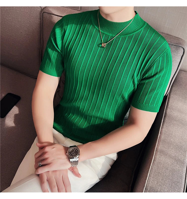 Men's High-End Casual Short Sleeve knitting Sweater/Male High collar Slim Fit Stripe Set head Knit Shirts Plus size S-4XL GONZALES ONLINE SHOP