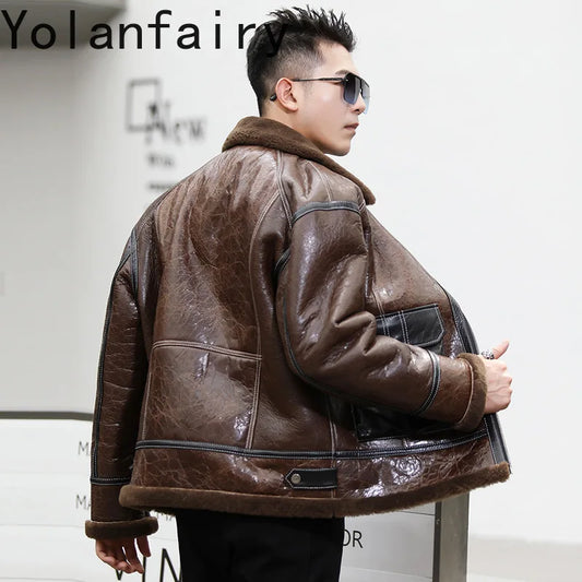 YOLANFAIRY Genuine Sheepskin Jacket Mens Real Fur Coat Winter Clothes Cropped Leather Jacket Men Wool Jacket Men Бомбер 2024 GONZALES ONLINE SHOP