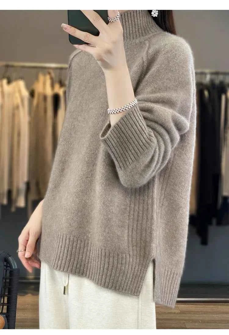 Women's High-Necked Cashmere Sweater 100% Soft Wool Thickened Lazy Raglan Sweater with Slit for Autumn Winter Comfortable Waxy W