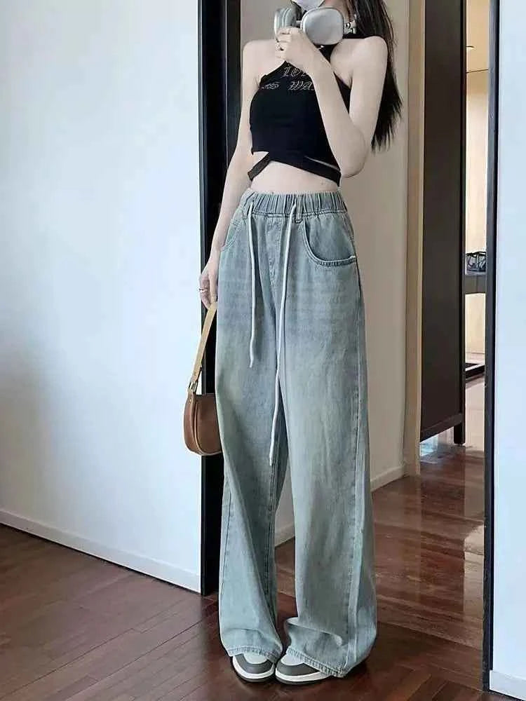 Waist Drawstring Jeans for Women in Spring Summer Korean Version Ins High Waist Slimming Student Straight Wide-leg Floor Pants