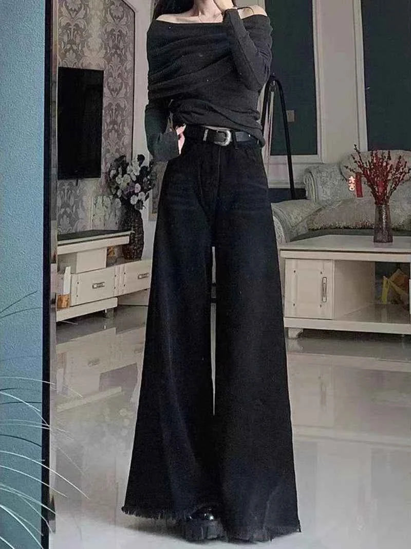 Black Wide Leg Jeans Women Autumn Vintage Raw Edge Tassels Bootcut Denim Pants Loose High Waist Streetwear Harajuku Trouser New