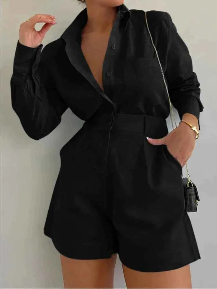 Women Long Sleeve 2 Pieces Sets Casual Simple Button Pockets Short Pant with Shirts Tops 2026 Summer Fashion Suit Female Outfits