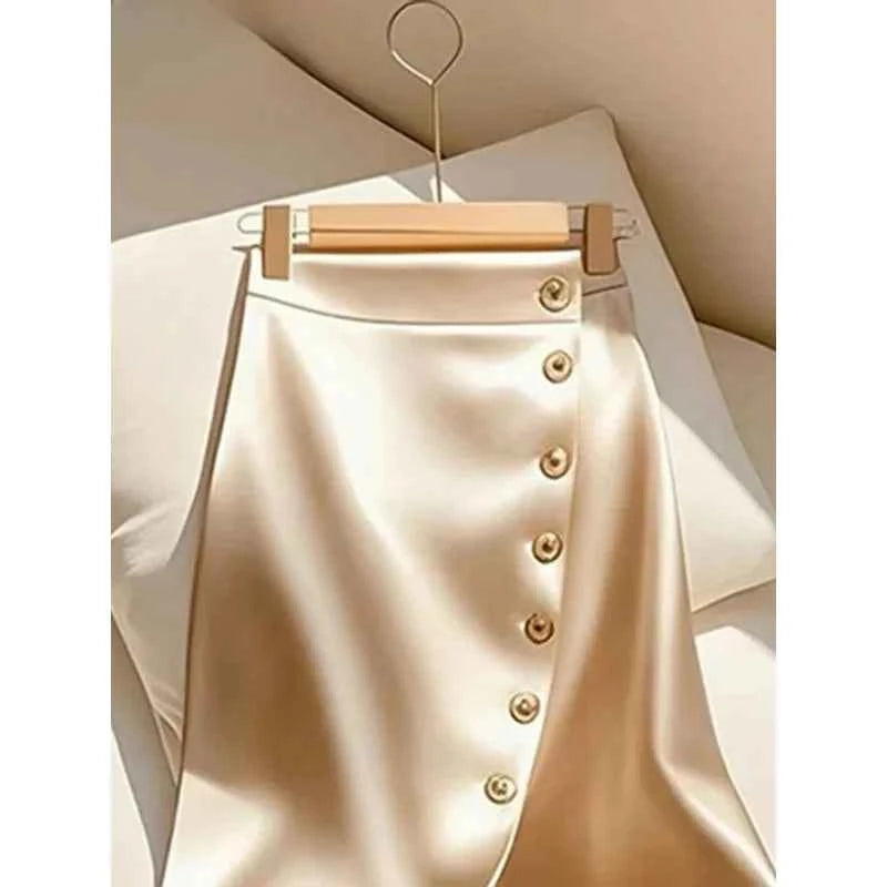Elegant Satin Long Skirts for Women Fashion Spliced Mesh Single Breasted Slit Maxi Skirt 2025 New Commuting Lady Skirt