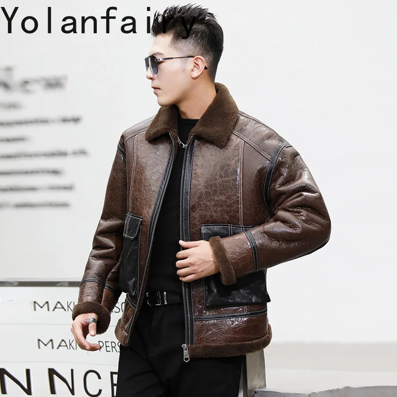 YOLANFAIRY Genuine Sheepskin Jacket Mens Real Fur Coat Winter Clothes Cropped Leather Jacket Men Wool Jacket Men Бомбер 2024 GONZALES ONLINE SHOP