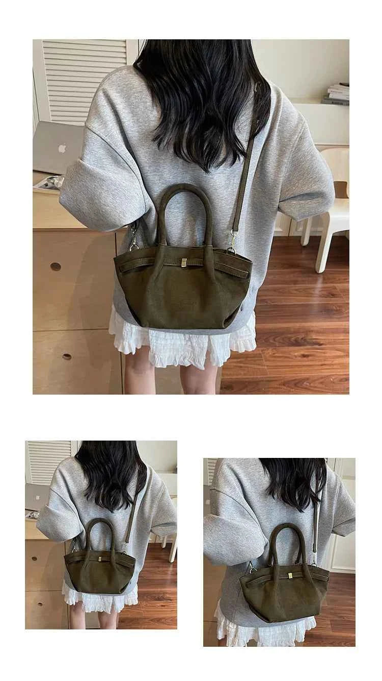 Matte Leather Suede Tote Handbags for Women Large Capacity Retro Shoulder Bag Fall Winter Belt Design Female Crossbody Bags