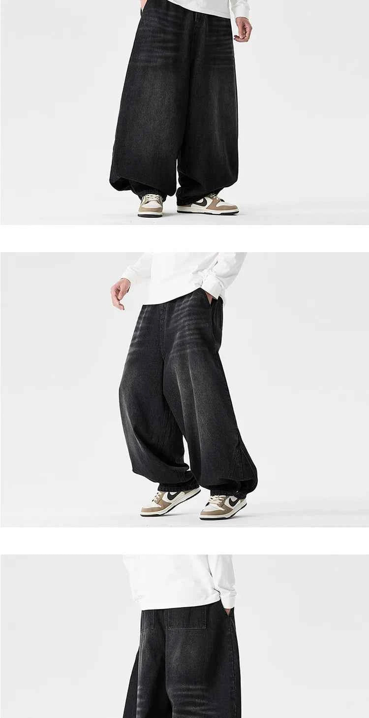 Denim Wide Leg Pants Mens Fashion Casual Pants Loose Hip Hop Lantern Pants Streetwear Jeans Male Elastic Waist Trousers Oversize