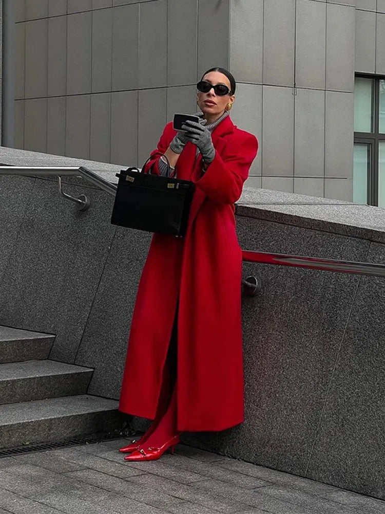 New Red Elegant Turndown Collar Women's Woolen Overcoat Vintage Full Sleeves Loose Commute Long Coat 2024 Lady Chic Fall Outwear GONZALES ONLINE SHOP