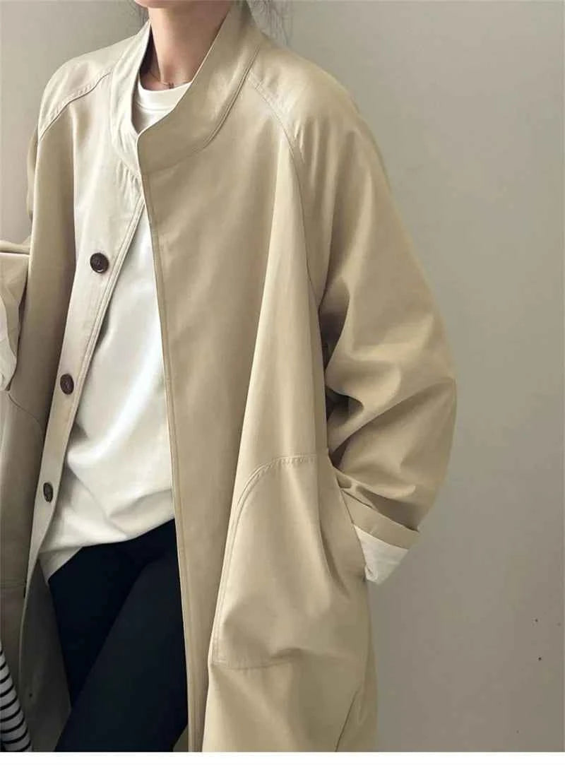 Lazy Loose Stand Up Collar Long Ttrench Coat For Women New Spring Autumn Casual British Style High-end Windbreaker Overcoat