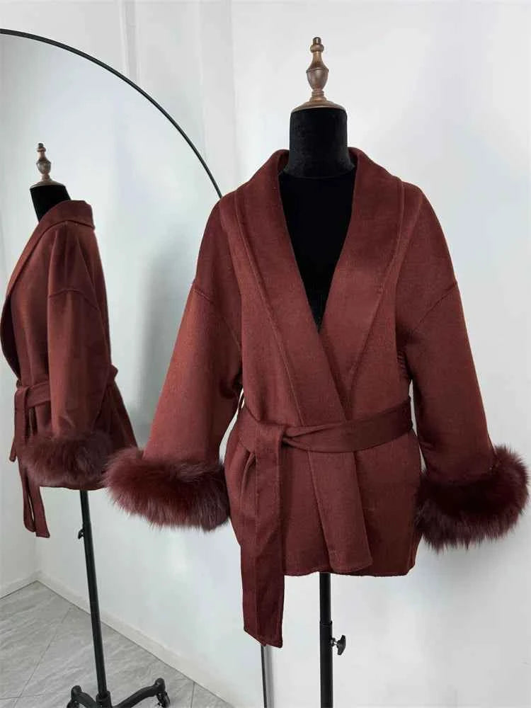 Tossy Fox Fur Wool Overcoat Women's Short Coat Office Lady Elegant Double-sided Woolen Coat 2025 New Cardigan Jackets Loose Wool