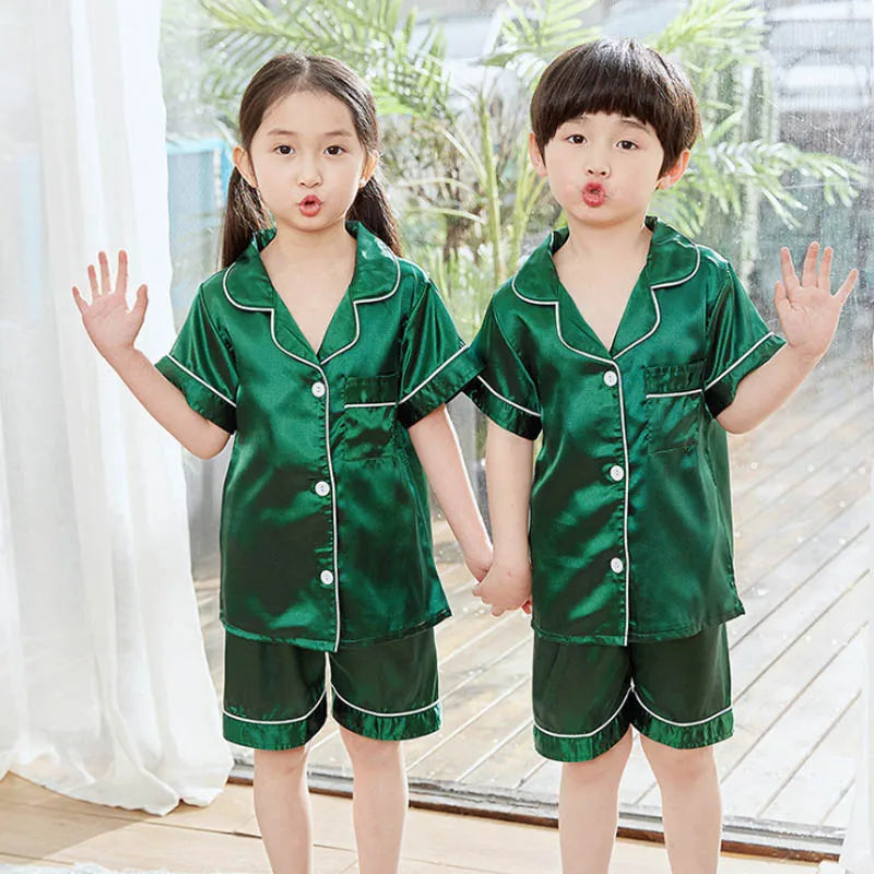 Children Silk Satin Pyjamas Set Baby Sleepwear Pijama Solid color Pajamas Suit Boys Girls Nightwear Autumn Kids Loungewear Pjs GONZALES ONLINE SHOP