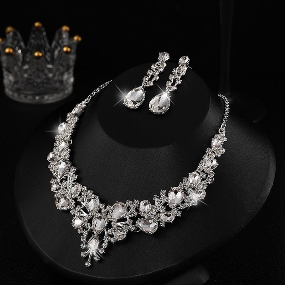 1 Set Wedding Earrings Extension Chain Faux Crystal Rhinestone Inlaid Jewelry Sets Glitter Dinner Women Jewelry Necklace GONZALES ONLINE SHOP