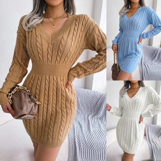 White Knitted Dresses Sweater Dress Lady V Neck Party Prom Clothes Winter Fashion Chic Long Sleeve Mini Skirt Bodycon Streetwear GONZALES ONLINE SHOP