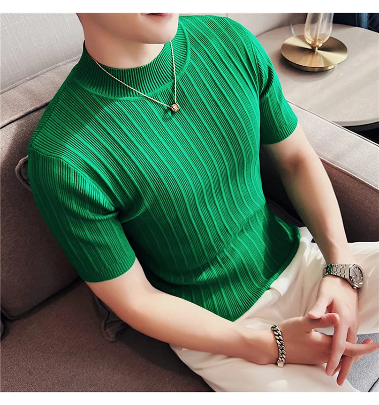 Men's High-End Casual Short Sleeve knitting Sweater/Male High collar Slim Fit Stripe Set head Knit Shirts Plus size S-4XL GONZALES ONLINE SHOP