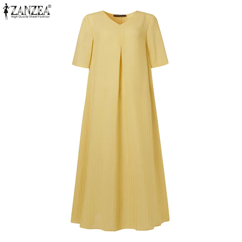 ZANZEA Elegant Women V Neck Short Sleeve Sundress Summer Fashion Casual Loose Maxi Dress Robe Femme Holiday Vestido Oversize GONZALES ONLINE SHOP