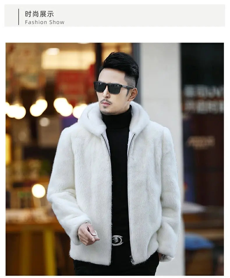 Tcyeek Natural Mink Fur Coat Men's High-end Real Fur Coat Men 2023 Winter New White Whole Mink Fur Hooded Coats Fashion Zipper GONZALES ONLINE SHOP