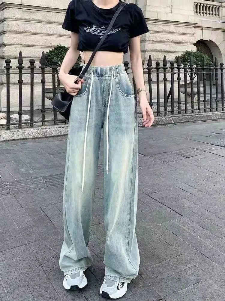 Waist Drawstring Jeans for Women in Spring Summer Korean Version Ins High Waist Slimming Student Straight Wide-leg Floor Pants