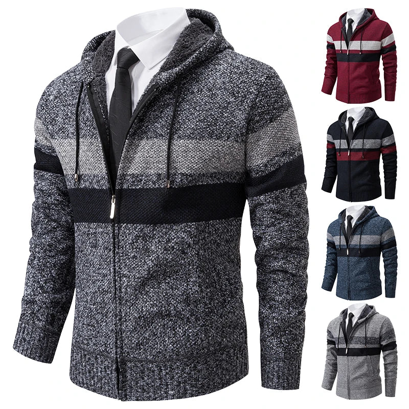 2023 New Autumn and Winter Striped Hooded Sweater Men's Coat with Velvet Padded Warm Knit Cardigan GONZALES ONLINE SHOP