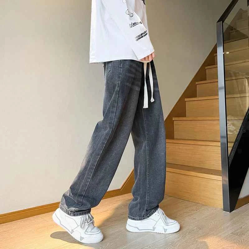American retro drawstring jeans for men in spring and autumn fashion, washed with water, loose and versatile, men's denim pants