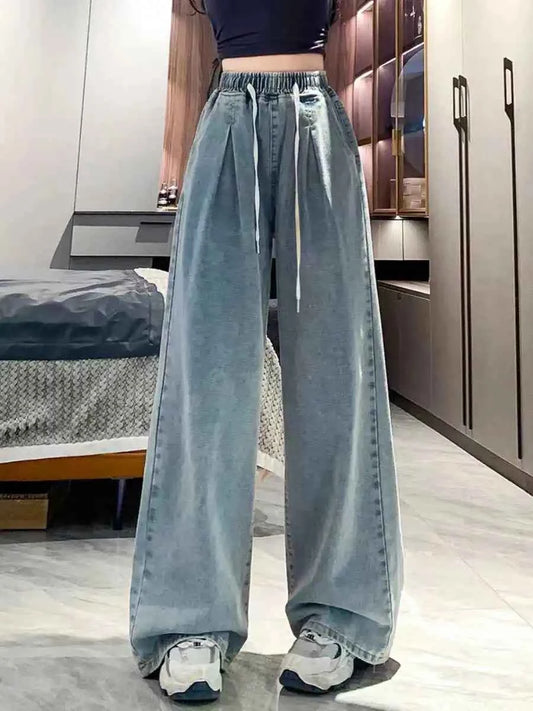 High Waist Straight Leg Dstring Jeans Women's Spring Autumn Slimming Drapey Lazy Sle Floor Length Trousers