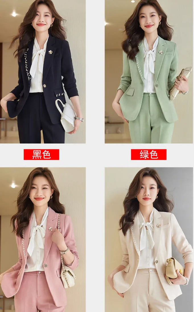 Women Office Suit 2 Pieces Sets Elegant Chic Design Ol Slim Long Sleeve Coats Tops Korean Formal High Waist Straight Pants 2024 GONZALES ONLINE SHOP