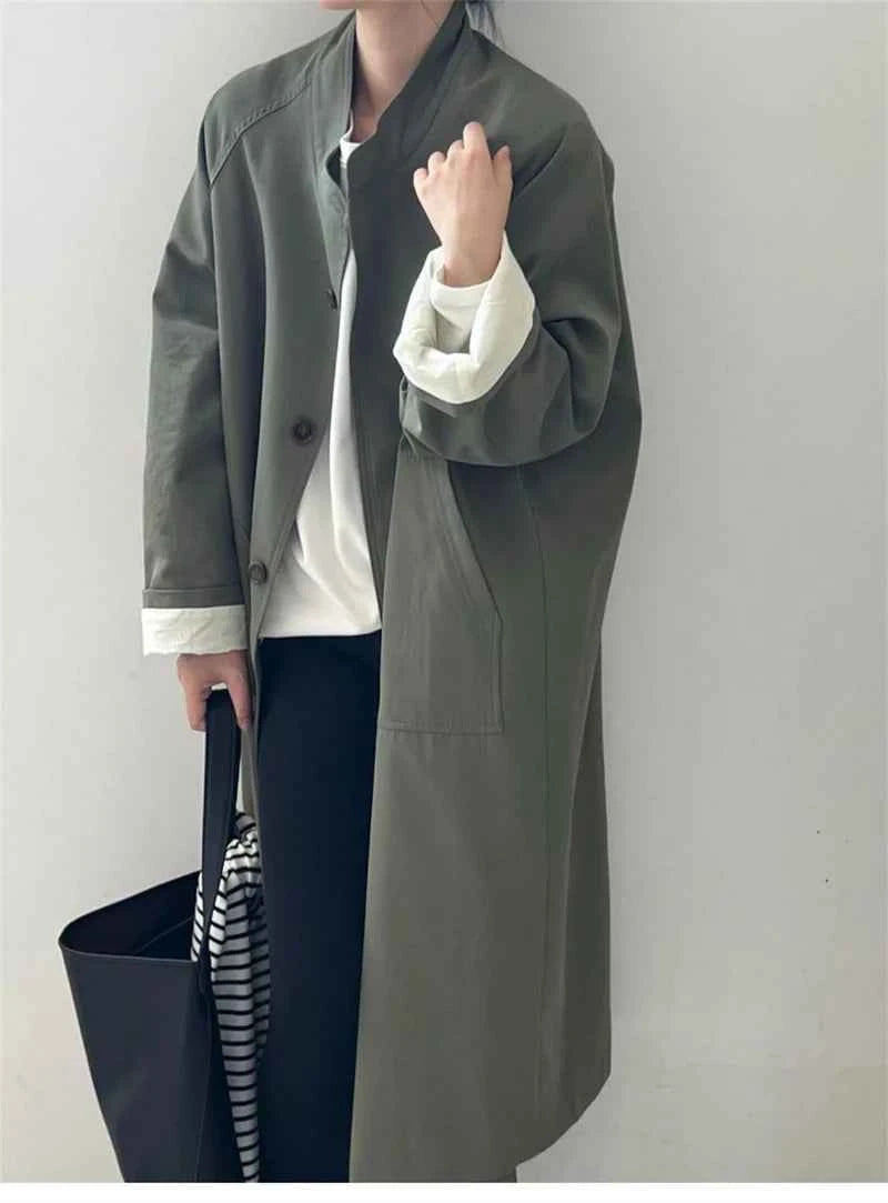 Lazy Loose Stand Up Collar Long Ttrench Coat For Women New Spring Autumn Casual British Style High-end Windbreaker Overcoat