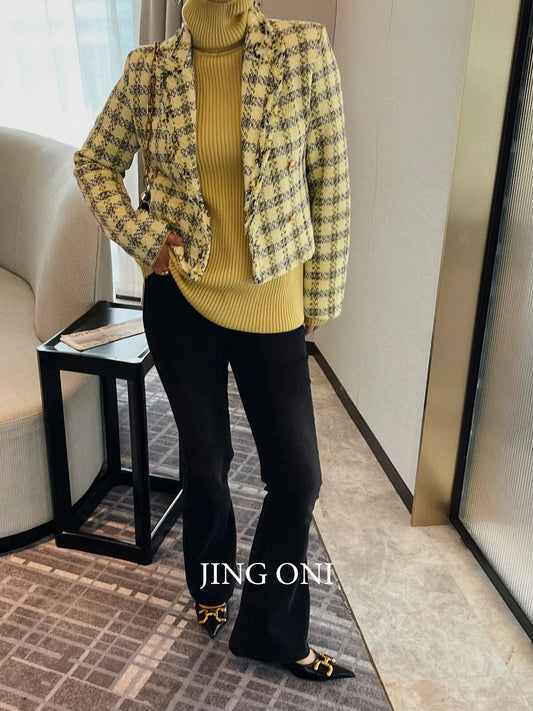 Plaid Tweed Blazer Jacket Elegant Woman Clothing 2023 Vintage Korean Fashion Style Autumn Y2K Coat Chic Crop New Tailored New GONZALES ONLINE SHOP