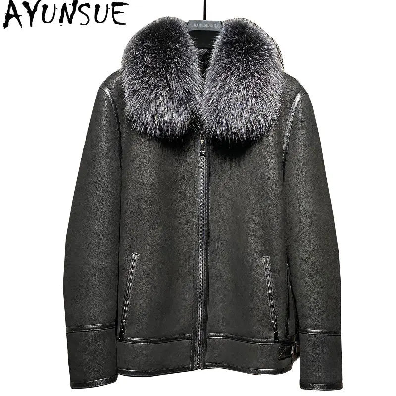 AYUNSUE Mens Natural Fur Jacket Sheepskin Genuine Leather Jacket Men Warm Real Fur Coat Winter Clothes Sliver Fox Fur Collar GONZALES ONLINE SHOP