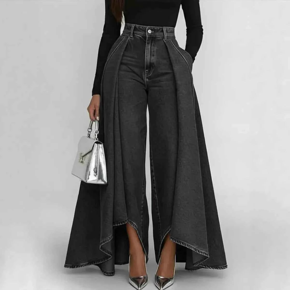 High Waisted Wide Leg Jeans For Women Asymmetrical Hem Loose Fit Denim Pants Streetwear Fashion With Pockets  Casual Trousers