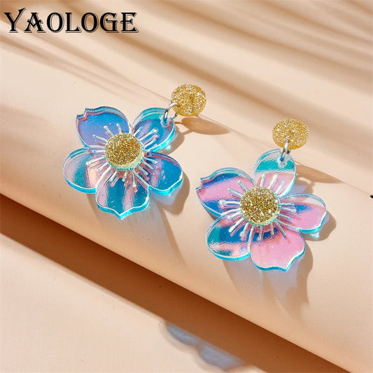 YAOLOGE Creative Dazzling Flowers Drop Earrings For Women Girl Fashion New Laser Acrylic Jewelry Lady Gift Party серьги женские GONZALES ONLINE SHOP