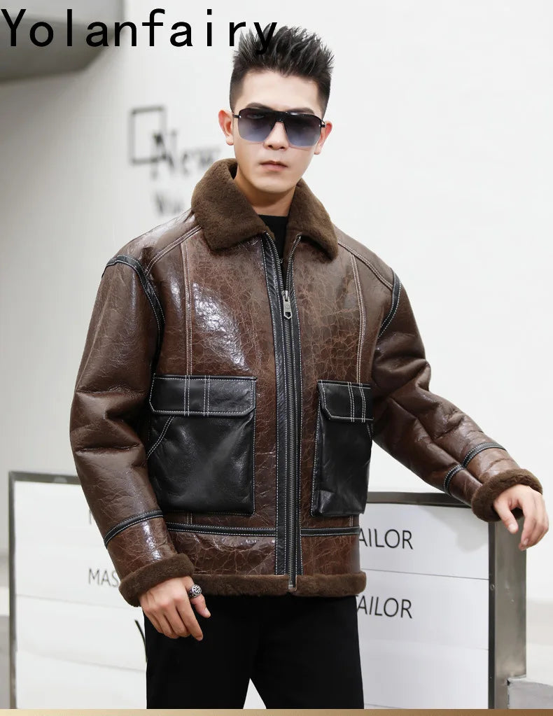 YOLANFAIRY Genuine Sheepskin Jacket Mens Real Fur Coat Winter Clothes Cropped Leather Jacket Men Wool Jacket Men Бомбер 2024 GONZALES ONLINE SHOP