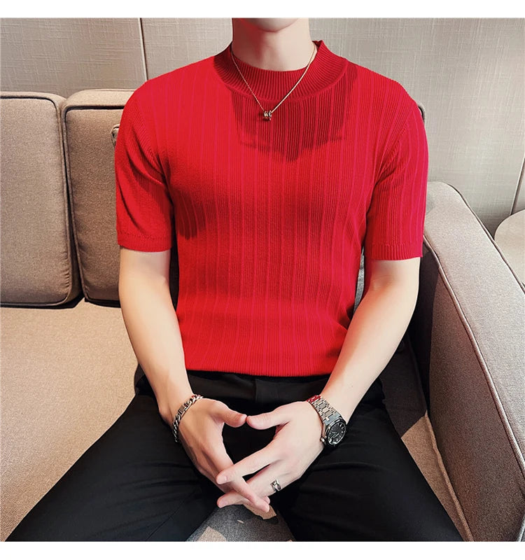 Men's High-End Casual Short Sleeve knitting Sweater/Male High collar Slim Fit Stripe Set head Knit Shirts Plus size S-4XL GONZALES ONLINE SHOP