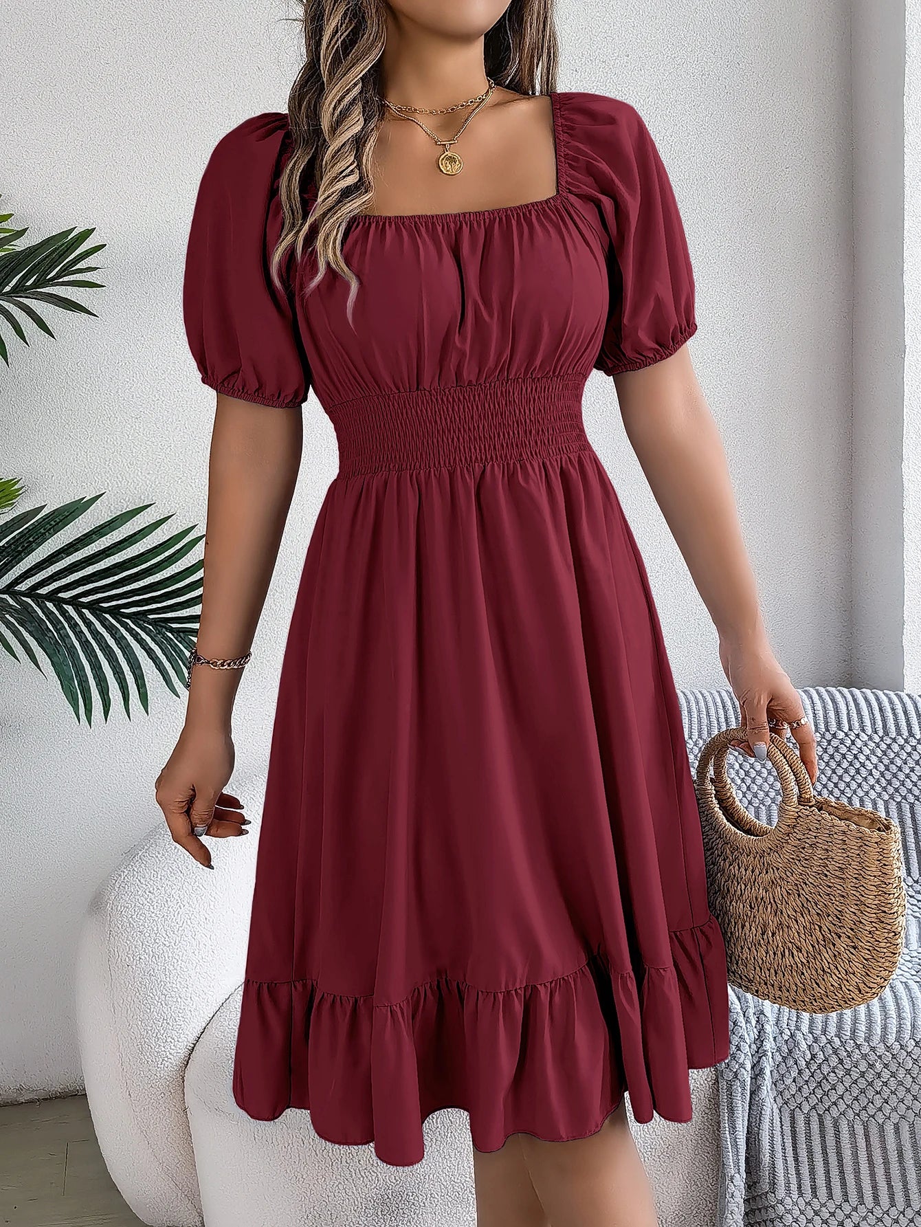 2024 New Fashion Solid Puff Sleeve Square Neck Ruched Bust Ruffle Hem Wasit Dress, Women's Clothing GONZALES ONLINE SHOP