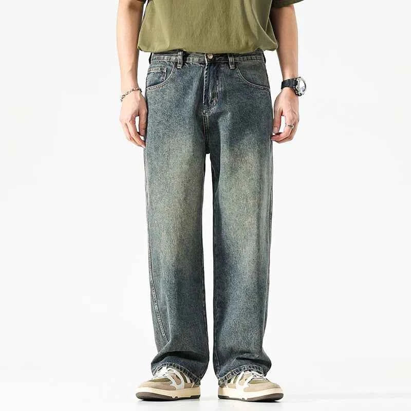 Wide Leg Jeans Men Baggy Pants Summer Straight Cut Loose Retro Blue Denim Pants Streetwear Fashion Pockets Vintage Man Clothes