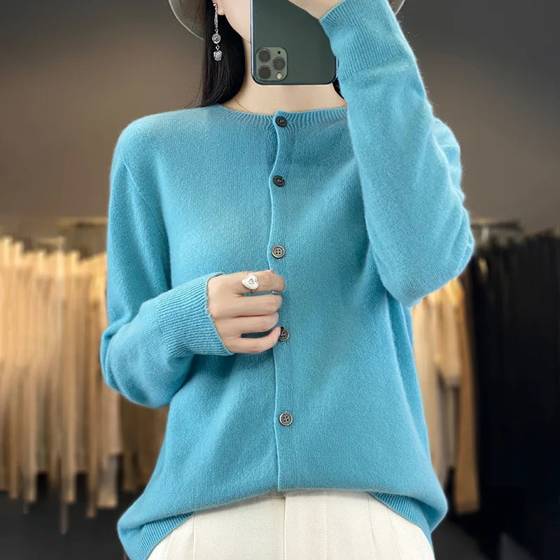 100% Merino Wool Sweater Women O-Neck Cardigan Basic Style  Buttoned Knitwear Female Casual Autumn Winter Soft Tops GONZALES ONLINE SHOP