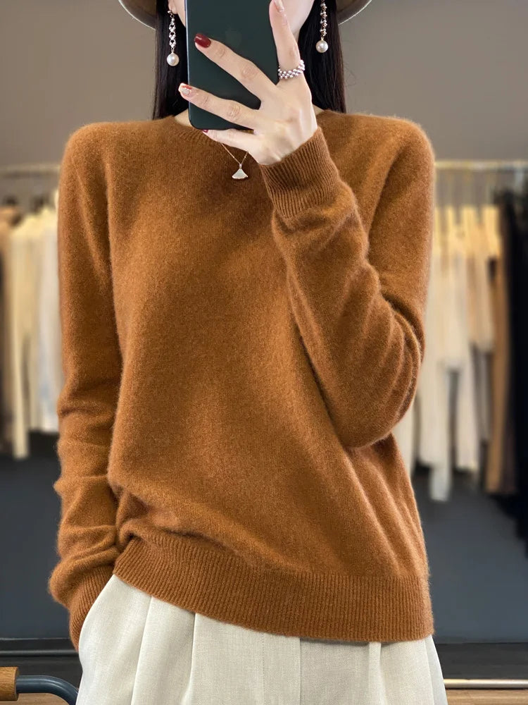 100% Merino Wool Sweater Women O-neck Cashmere Knitwear Female Pullover Autumn Winter Casual Tops Solid Color Soft  Clothing GONZALES ONLINE SHOP
