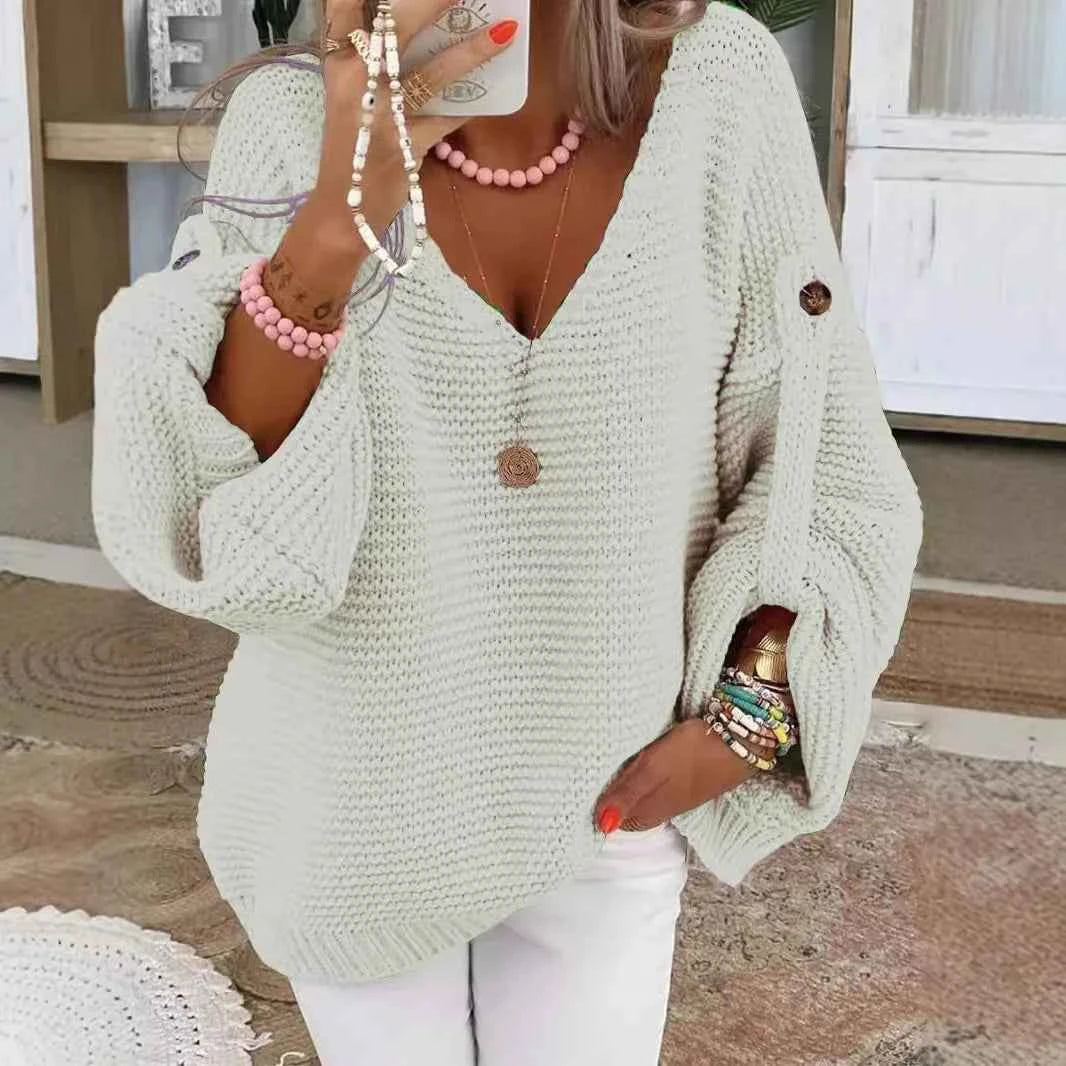 Casual Knitted V Neck Sweater Fall Winter Fashion Button Warm Commuter Jumper Elegant Solid Adjustable Long Sleeve Pullover