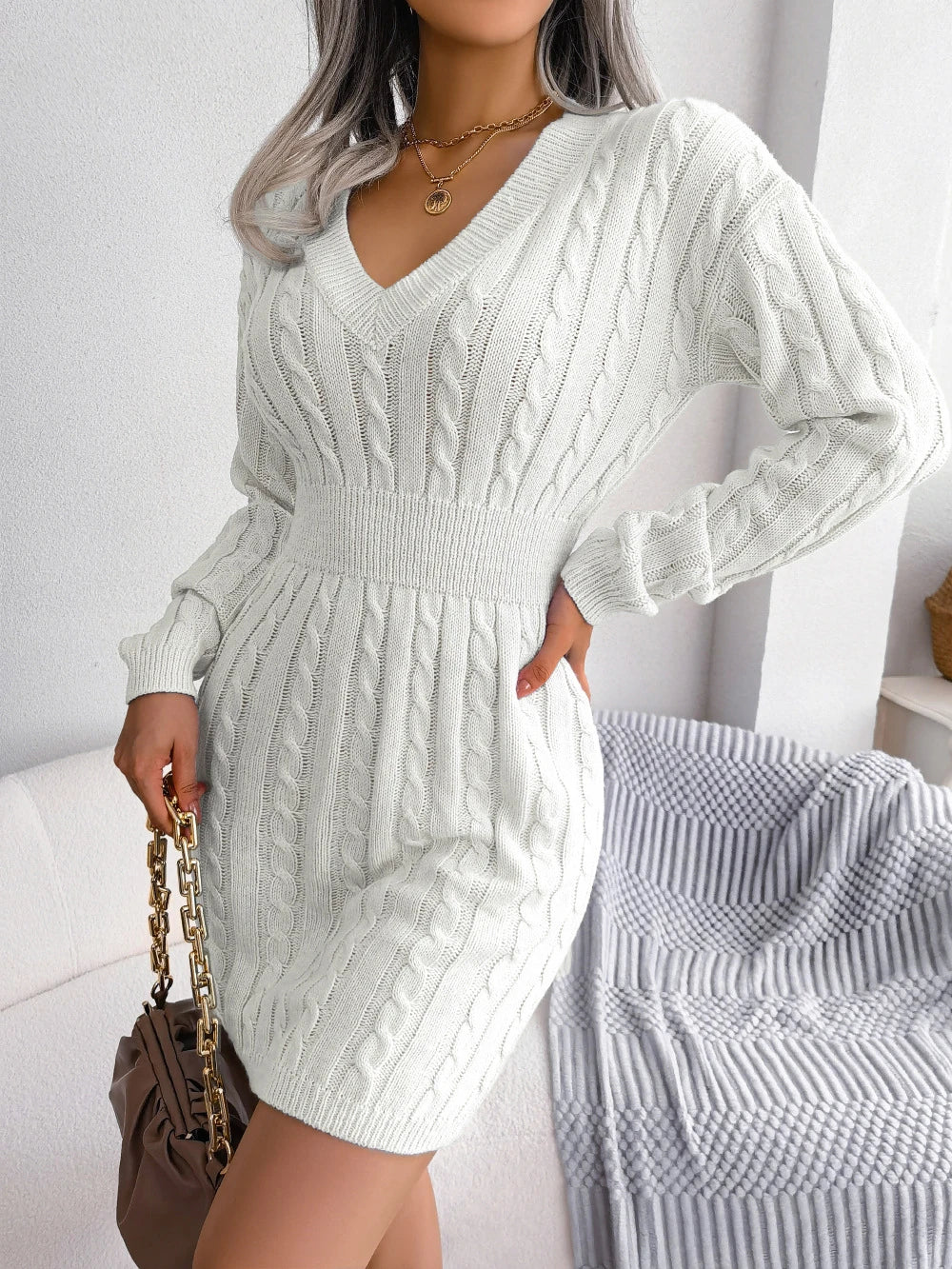 White Knitted Dresses Sweater Dress Lady V Neck Party Prom Clothes Winter Fashion Chic Long Sleeve Mini Skirt Bodycon Streetwear GONZALES ONLINE SHOP