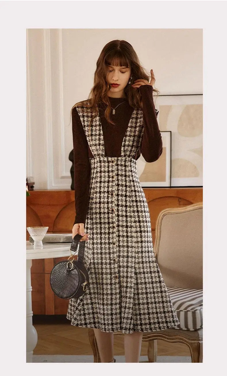 Women's Autumn Winter Fashion Sleeveless Plaid Dress Korean Lady Graceful Sweater Tops Overall Dresses 2 Piece Set 2022 Outfits GONZALES ONLINE SHOP