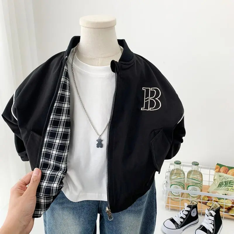 Boys Both Sides Baseball Coat 2024 New Spring Autumn Wear Children's Casual Handsome Two Faced Jackets for Children's Plaid Top GONZALES ONLINE SHOP