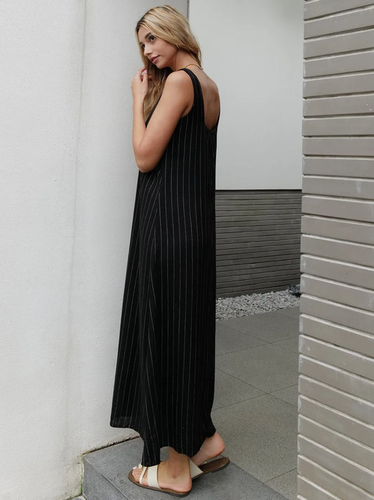 New Design 2024 Summer Women Linen Striped Sleeve Dress Split Tank Dress beach GONZALES ONLINE SHOP