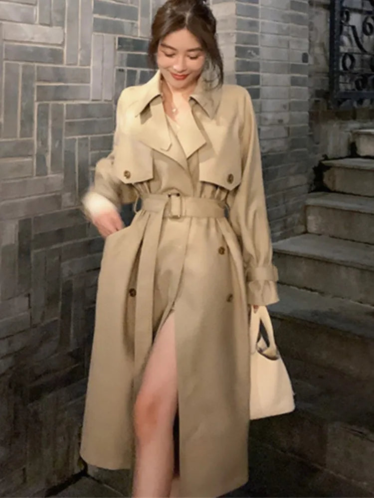 Autumn Winter Khaki Long Trench Coat for Women 2024 Jacket Elegant Outerwear Turn-down Collar Tie Belt Korean Chic Windbreaker GONZALES ONLINE SHOP