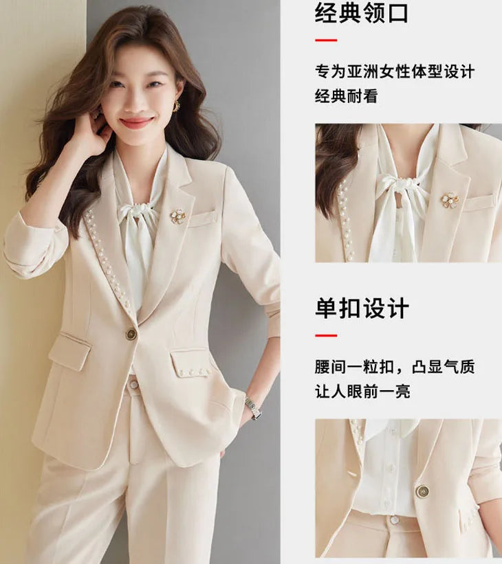 Women Office Suit 2 Pieces Sets Elegant Chic Design Ol Slim Long Sleeve Coats Tops Korean Formal High Waist Straight Pants 2024 GONZALES ONLINE SHOP