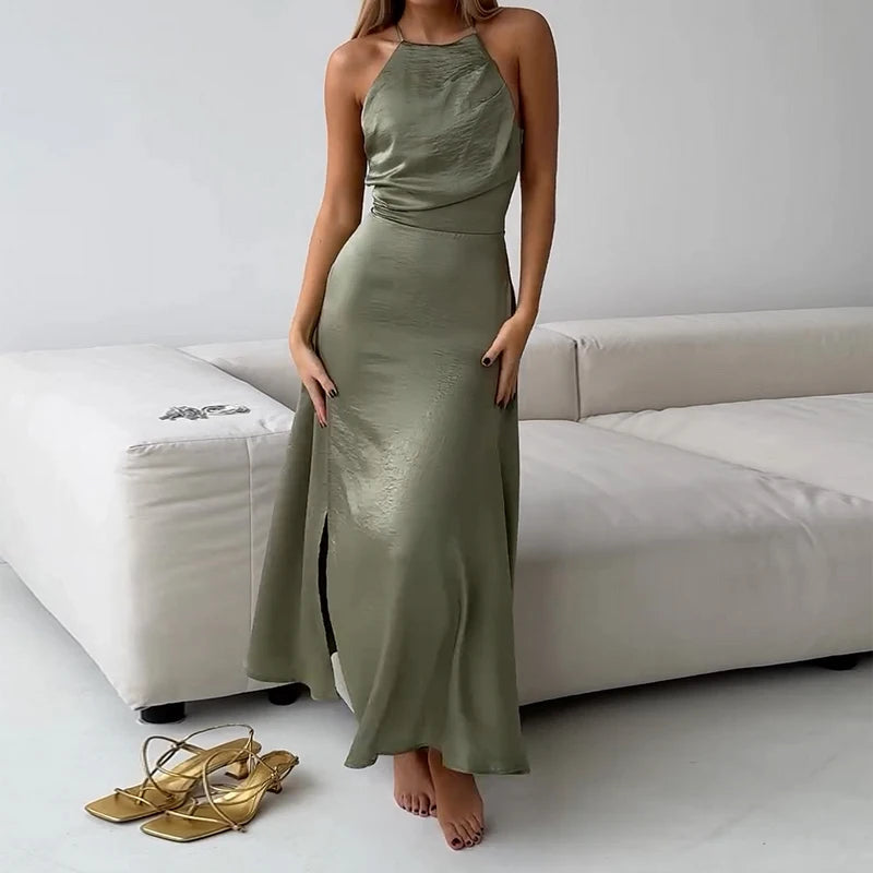 Ellafads Women Maxi Dress Summer Casual Elegant Solid Nipped Waist Sleeveless Backless Lace Up Slit Party Holiday Loose Dresses GONZALES ONLINE SHOP